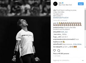 Il tennista Nadal in una foto dell'account Instagram di Nike